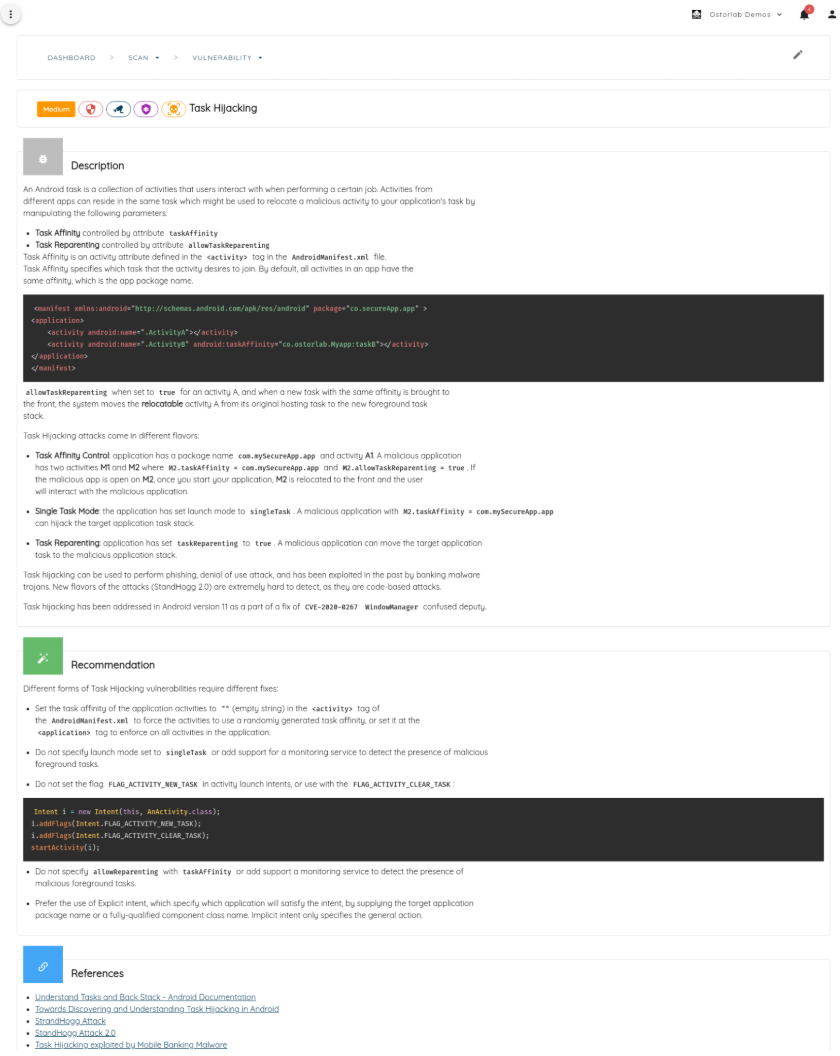 Ostorlab finding page with technical evidence, remediation steps, and references
